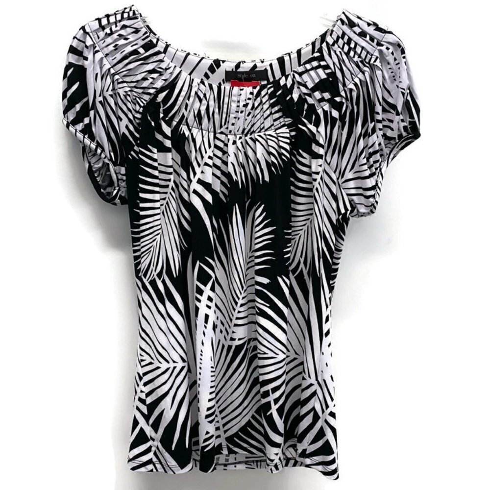 Style & Co Black w/White Palm Leaf Print Blouse